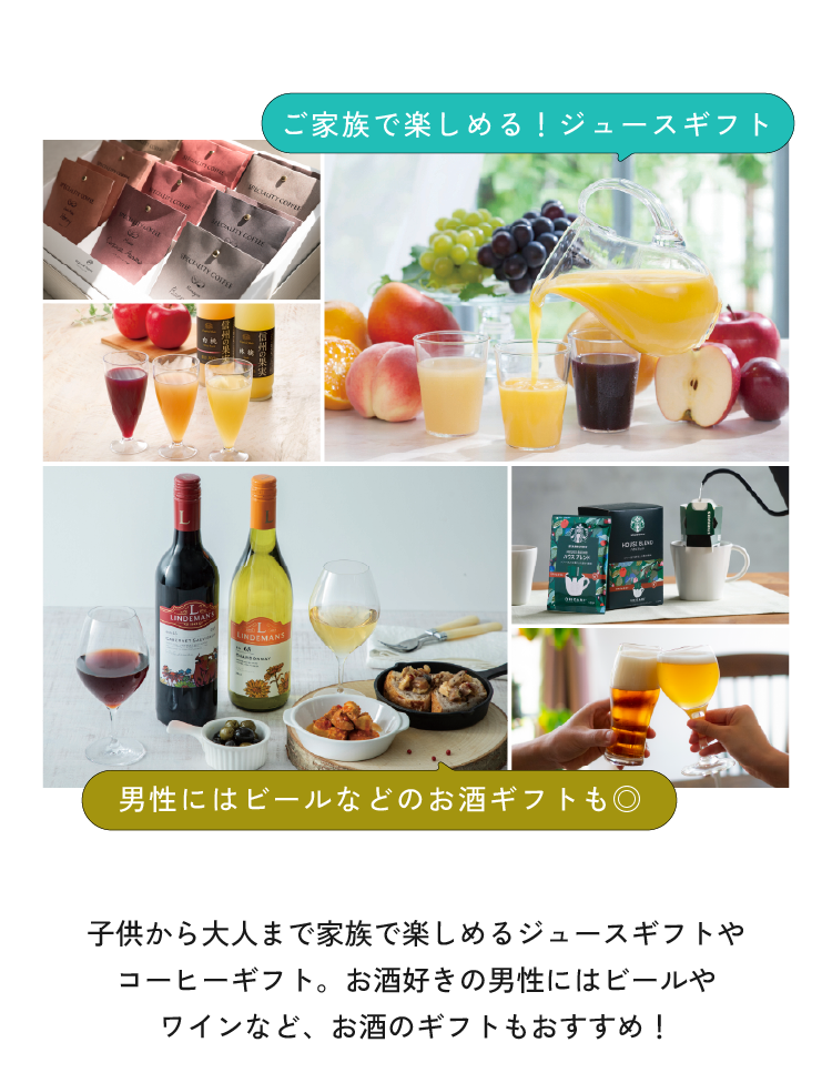 ご家族で楽しめるジュースギフトと、ワインやビールなど男性に人気のお酒ギフトのラインナップ